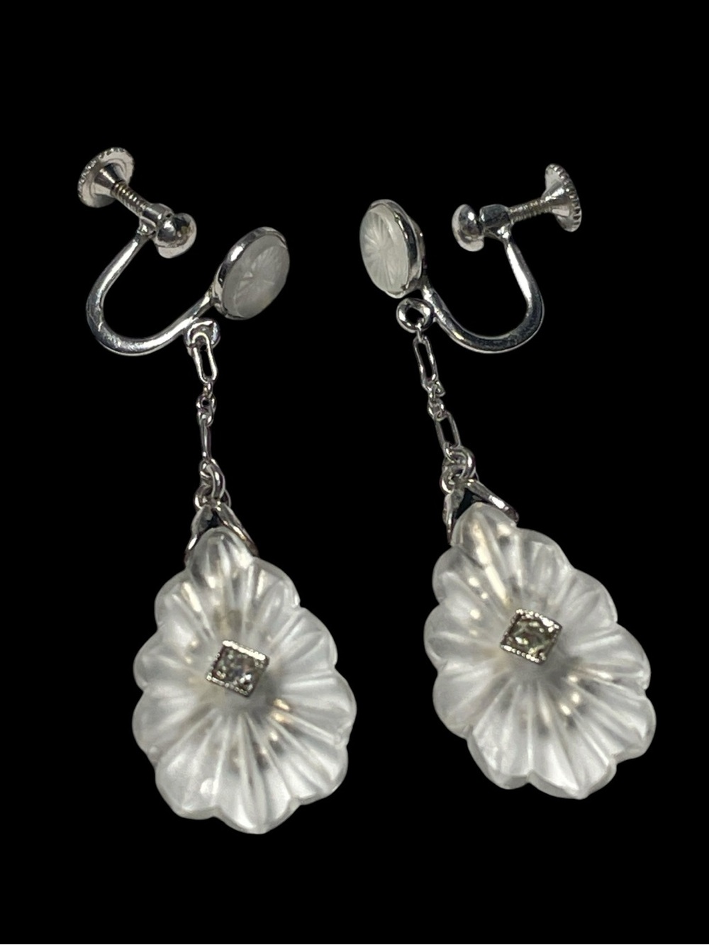 Vintage Earrings Frosted Glass Flower Dangles Art Deco